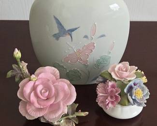Lot #155 - Towle Fine Bone China Floral Porcelain Figurines with Hand-Painted Details, Plus Otagiri Vase