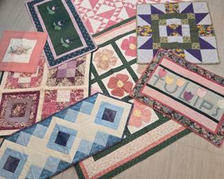 Lot #206 - Handmade Floral and Geometric Patchwork Pieces and Table Runners with Applique Detailing - All Have Stains