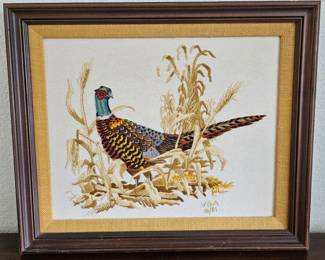 Vintage VDA Embroidered Pheasant Wall Art 1981 Framed Textile Artwork