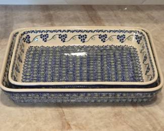 Ceramika Boleslawiecka Polish Pottery Blue Floral Pattern Stoneware Baking Dishes Set