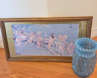Lot #146 - Vintage Framed Nursery Art Print with Cherubic Babies on Branch and Fenton Satin Blue Bubble Optic Vase 