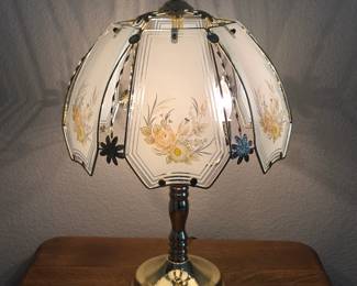 Lot #164 - Vintage Brass Table Lamp with Hand-Painted Floral Glass Shades Elegant Lighting Decor