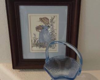 Lot #145 - Vintage Holly Hobbie Style Signed Print Plus Hexagonal Blue Glass Basket