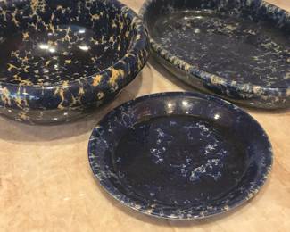 Bennington Potters Vermont Blue Speckled Stoneware Bowls and Plate Set