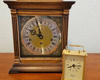 Lot #138 - Linden Triple Chime Bracket Clock and Benchmark Quartz Brass Carriage Clock Set