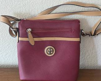 Lot #226 - Giani Bernini Saffiano North South Burgundy Crossbody Bag with Tan Trim and Multiple Zipper Pockets