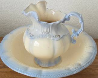 Lot #175 - Vintage Arnel's Ceramic Wash Basin & Pitcher Set with Blue and Cream Glaze Victorian Revival Style