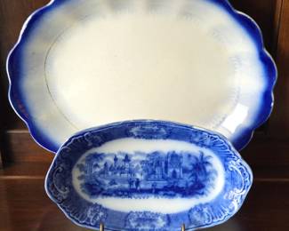 Antique Blue & White Transferware Plate and Platter with Ornate Metal Stand
