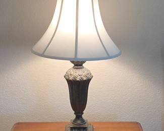 Lot #244 - Decorative Vintage Metal Table Lamp with White Fabric Shade Classic Floral Design