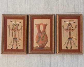 Lot #212 - Edward Curtis Native American Navajo Sand Art Framed Wall Decor Yei Healing People & Pottery