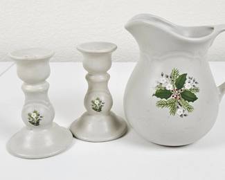 Pfaltzgraff "Christmas Heirloom" Pitcher and Candle Holders with Holiday Greenery Design