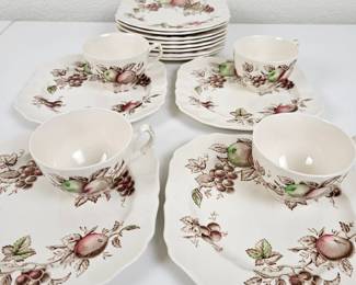 Johnson Bros Harvest Time Vintage English China Tea Set - Hand Engraved Fruit Pattern