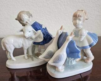 Lladro Porcelain Girl with Lamb & Girl Feeding Geese Figurines Set