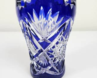 Vintage Deep Cobalt Blue Czech Bohemian Crystal Vase with Intricate Cut Patterns