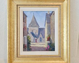 Signed Barbara Deardorff Original "Church W/ Red Door" Oil Painting in Ornate Gold Frame