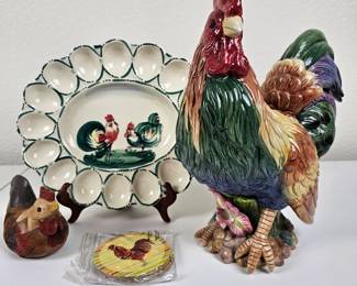Vintage Ceramic Rooster Figurine and Tableware Set with Hand-Painted Rooster Motif