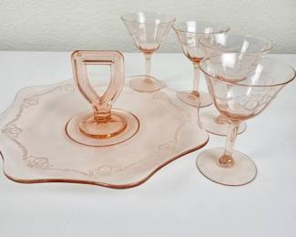 Vintage Pink Depression Glass Serving Set with Etched Floral Design and Handle Tray