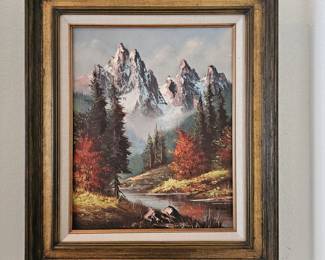 Signed Original Landscape Oil Painting in Rustic Wooden Frame