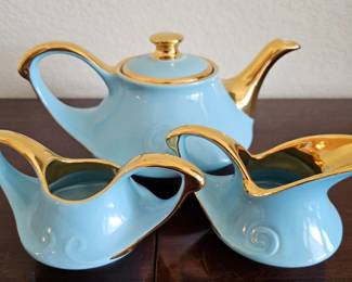 Vintage Pearl China Co Mid Century Modern Blue and Gold Teapot and Matching Cream and Sugar Set