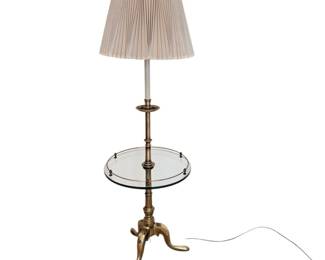 Vintage Brass Floor Lamp with Glass Side Table and Pleated Lampshade