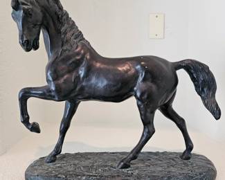 "Lightning" by Claude LeClerc for Austin Sculpture - Black Ceramic Horse with Raised Front Leg and Textured Base
