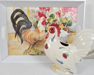 Vintage Rooster and Hen Decorative Serving Tray with Ceramic Hen Pitcher