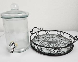 Vintage Elegant Glass Beverage Dispenser with Decorative Iron Serving Tray