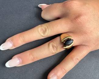 14K Gold Black Onyx Ring Size 5.25 Marquise Stone Statement Ring 4.57g
