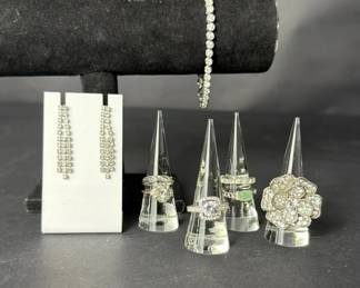 Sparkling Rhinestone Tennis Bracelet, Rings Dangle Earrings
