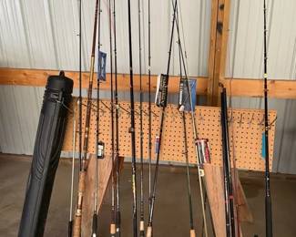 Large Collection of Fishing Rods with Travel Case and Vest