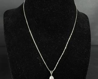 14K White Gold Pear Cut CZ Pendant Necklace 585 Chain 5.10g Italy Jewelry