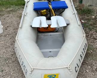 003 Baltik Inflatable RigidFloor Boat w Electric Trolling Motor, Oars Seats Approx. 10.5 ft