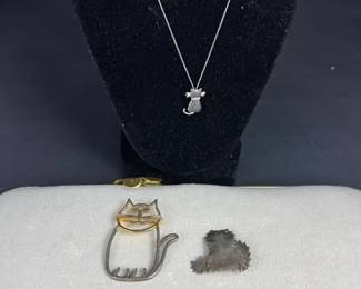 Sterling Silver Cat Jewelry Collection Necklace Brooch Earrings 33.4g Total Weight