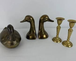 Vintage Brass Bronze Duck Decor and Candlestick Collection