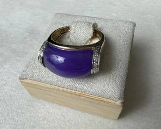14K Gold Purple Jadeite Cabochon Ring with Diamond Cut Accents Size 6 4.81g