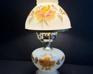 HandPainted Floral Hurricane Table Lamp Milk Glass Style Electric Accent Light