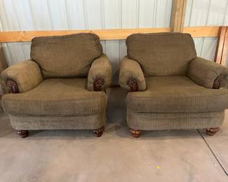 Pair of Oversized Upholstered Club Chairs with Rolled Arms Wood Accents