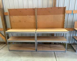 Set of Tall Industrial Workbench Pegboard Shelving Units