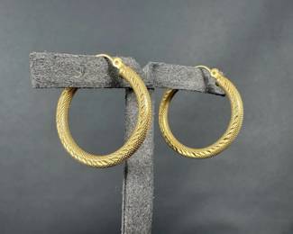14K Gold Textured Hoop Earrings 2.19g DiamondCut Round Hoops Pierced Pair