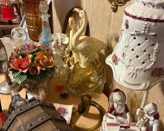 Amber Depression Glass Lamps & porcelain collectables 