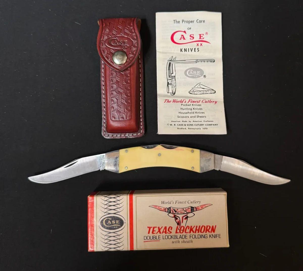 01 Vintage Case XX Texas Lockhorn Double Lockblade Folding Knife Original Box Sheath