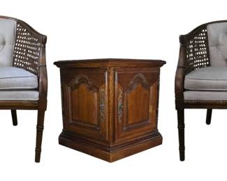 Vintage Faux Bamboo Cane Barrel Chairs Hexagon End Table 3Piece Set