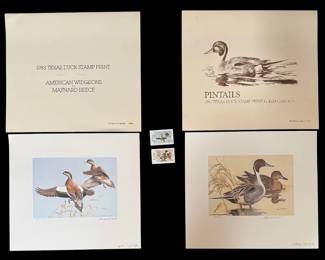 Rare Pair 1982 Ken Carlson 1983 Maynard Reece Texas Duck Stamp Prints w Mint Stamps