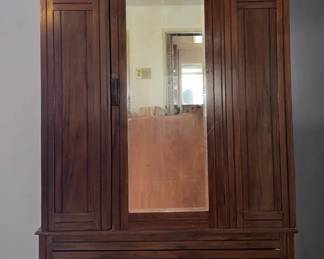 Vintage Wood Armoire with Beveled Mirror Crown Molding