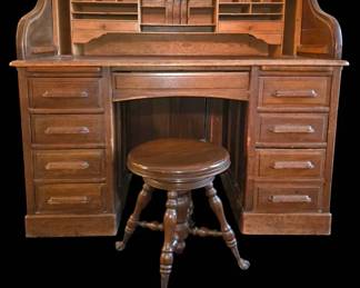 Vintage Wooden Rolltop Desk Antique Piano Stool Set