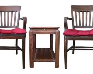 Vintage MCM SlatBack Armchairs PullOut Oak End Table Set