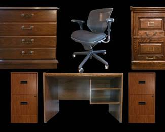 Office Furniture Lot Desk, Ergonomic Chair, File Cabinets Floor Mat