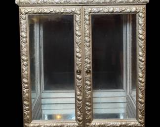 Marble Top Small VitrineCurio Cabinet with Carved Wooden Accents