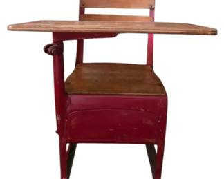 Vintage Red Childs School Desk Lot with Etch A Sketch Railroad Books