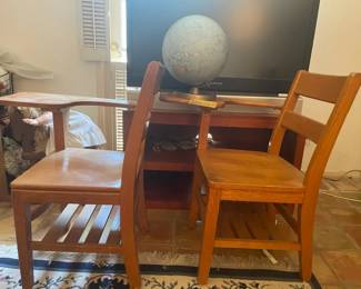 Vintage 1950s Solid Oak Student Tablet Arm Desks Replogle Globe Trio